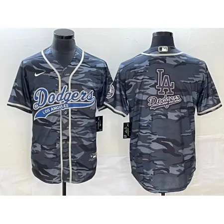 Men's Los Angeles Dodgers Gray Camo Team Big Logo Cool Base With Patch Stitched Baseball Jersey WSNL