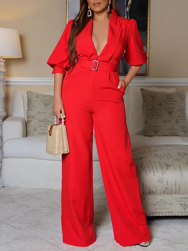 Half Sleeve Solid Color Deep V-Neck Loose Belted Wide Leg Jumpsuit