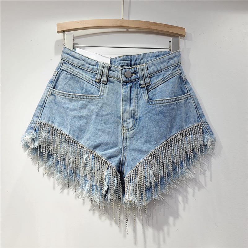 Chic Distressed Denim Shorts for Women - Spring-Summer 2025 Zara Style with Rhinestone Chains
