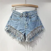 Chic Distressed Denim Shorts for Women - Spring-Summer 2025 Zara Style with Rhinestone Chains