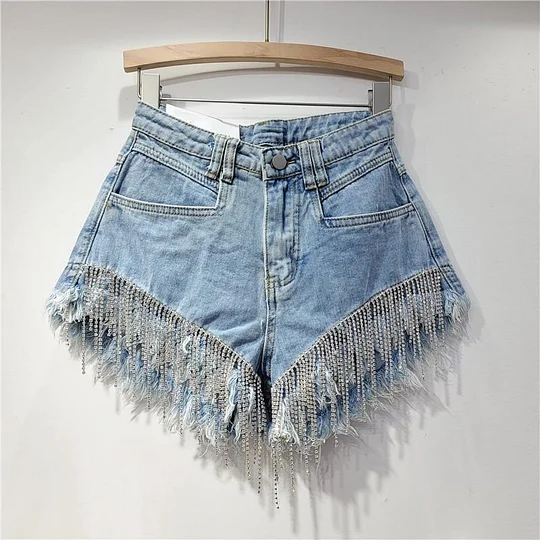 Chic Distressed Denim Shorts for Women - Spring-Summer 2025 Zara Style with Rhinestone Chains