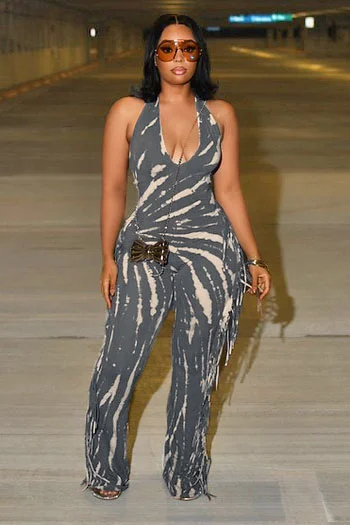 Halter U Neck Tie Dye Print Fringe Daily Wide Leg Jumpsuit-Brown