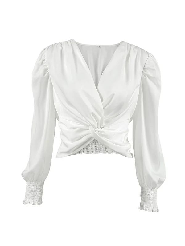 Elasticity Pleated Solid Color Split-Joint Loose Puff Sleeves V-Neck Blouses&Shirts Tops