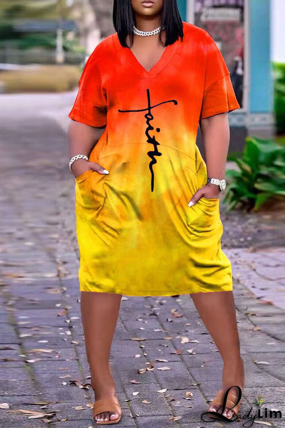 Yellow Casual Print Split Joint V Neck Straight Dresses