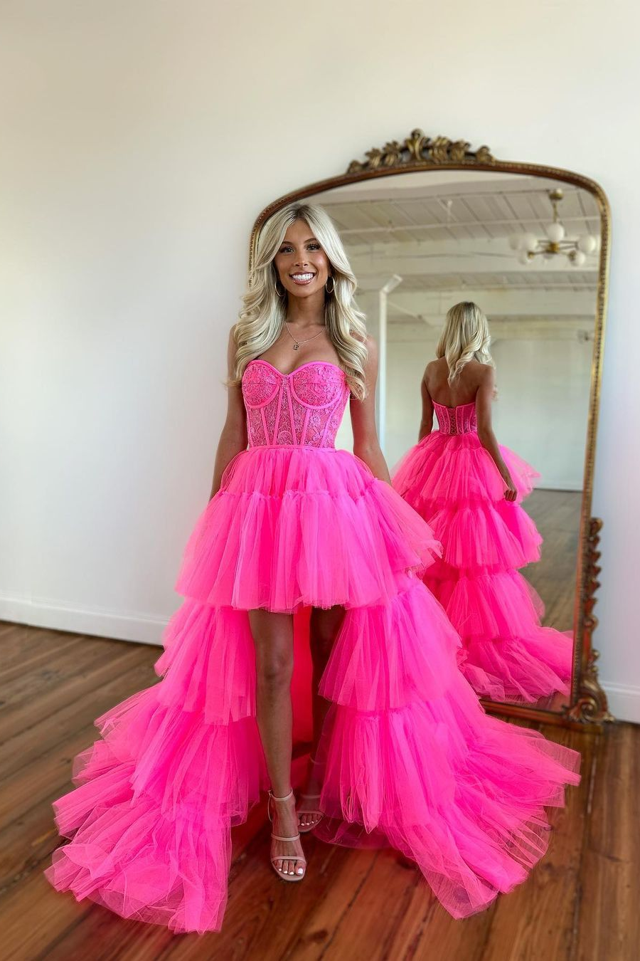 Beautiful Rose Prom Dress With Sleeveless Gown Tulle Train YL0113