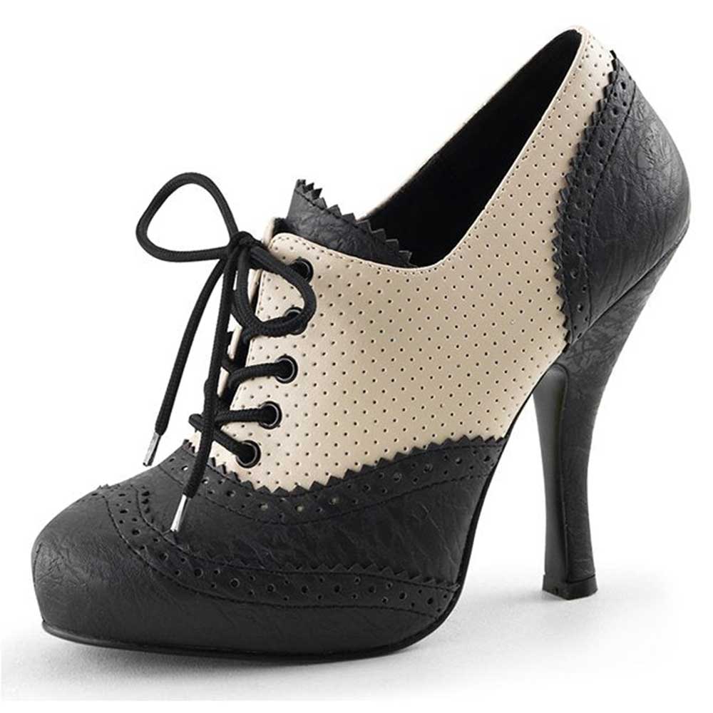 Black & Beige Round Toe Flared Heel Vintage Lace Up Oxford Shoes Women Nicepairs