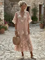 Women's Retro Floral Embroidery Art V-neck Short Sleeve Midi Dress