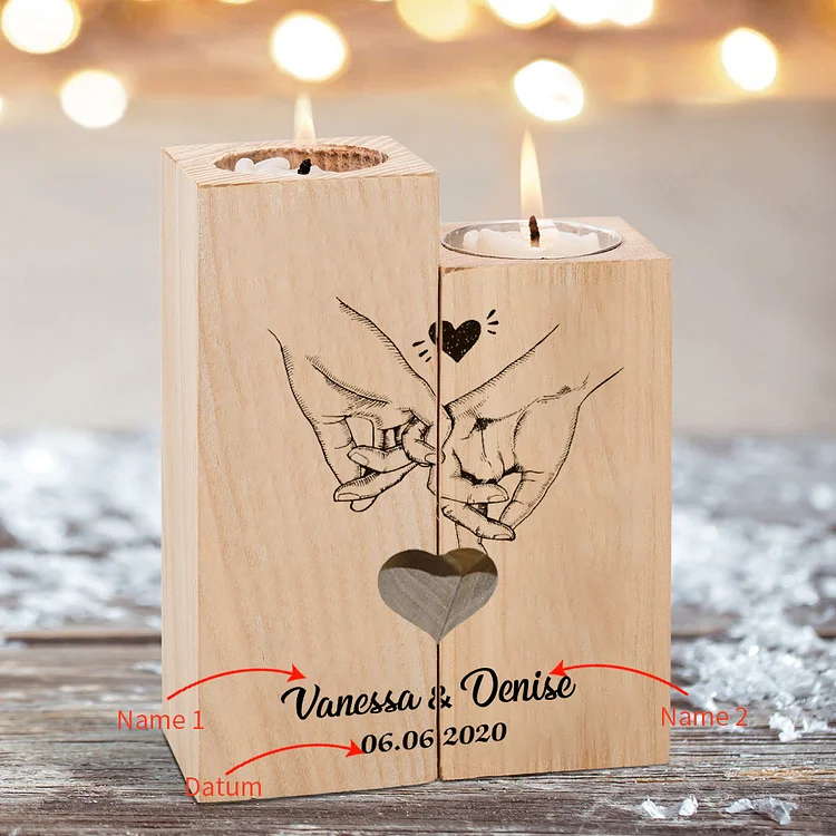 Kettenmachen Personalisierter 2 Namen & Datum Hand in Hand Kerzenhalter-Holz Teelichthalter für Paare