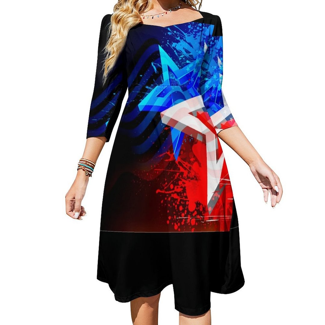 Patriotic Fourth Of July Veterans Day Dress Sweetheart Tie Back Flared 3/4 Sleeve Midi Dresses