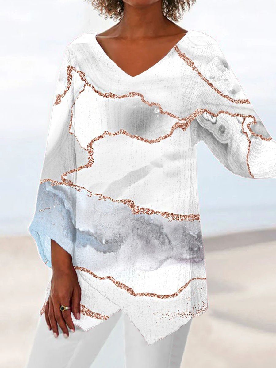 Women Asymmetrical 3/4 Sleeve V-neck Striped Gradient Top Dress