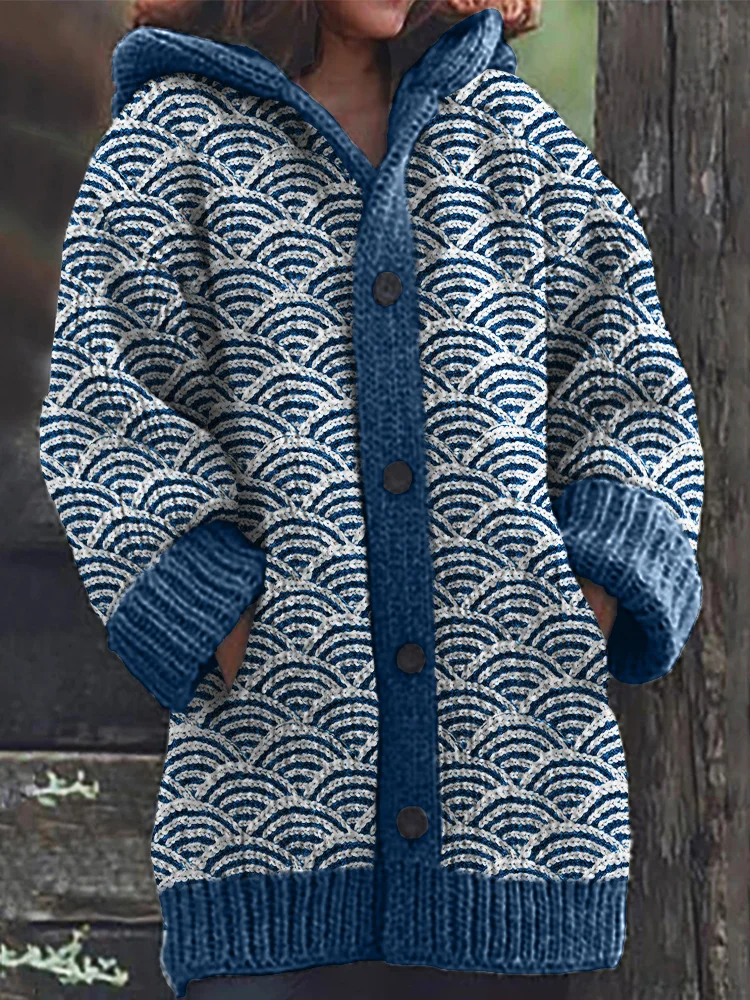 Sea Waves Japanese Knit Cozy Hooded Cardigan
