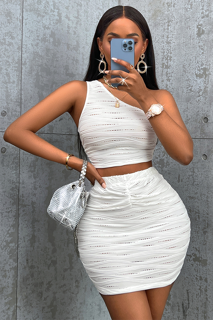 Hollow Out Sleeveless Sloping Shoulder Crop Top Bodycon Mini Skirt Matching Set-White