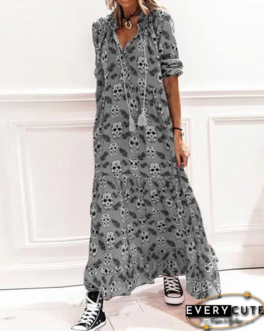 V Neck Lace Up Boho Maxi Dress