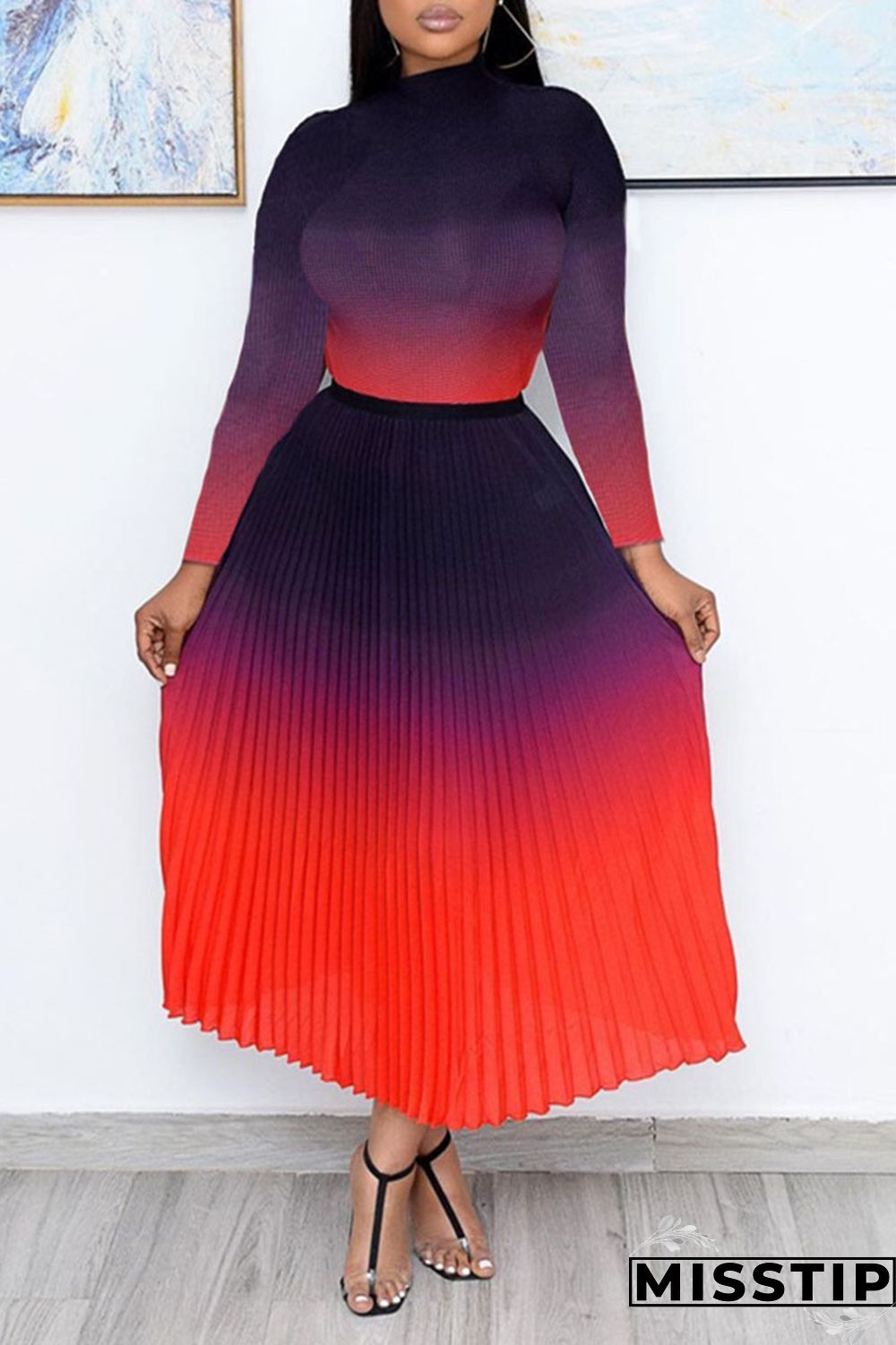 Red Casual Elegant Gradual Change Patchwork Fold Half A Turtleneck Long Sleeve Two Pieces