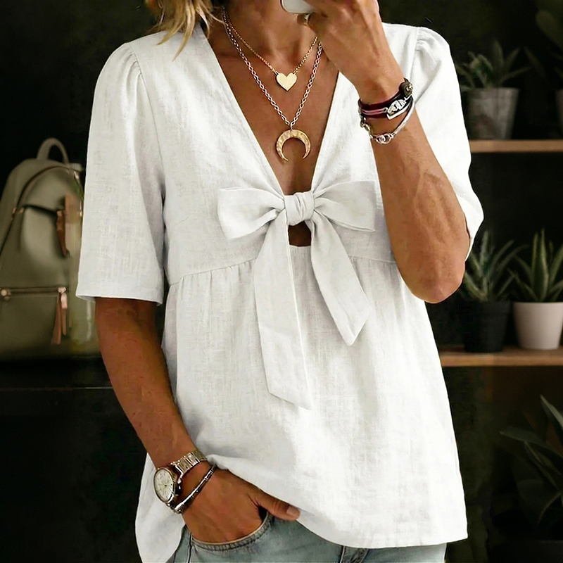 Women's Vintage Bow Design Cotton Linen Shirt wearshes