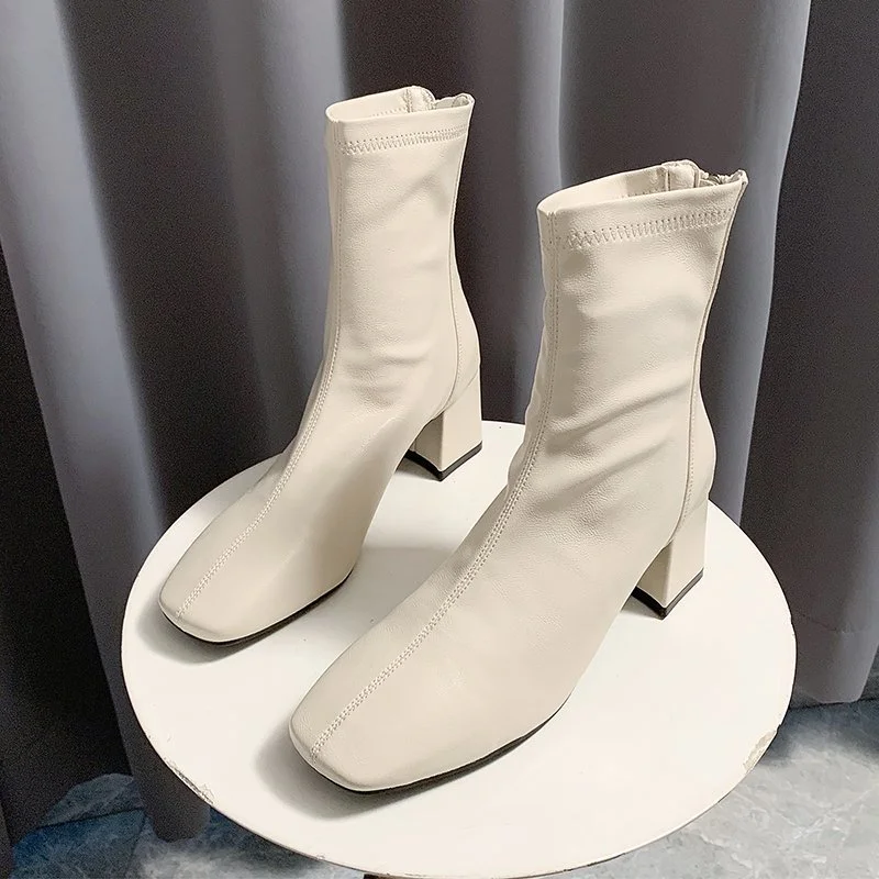 Online celebrity Martin boots for women British style 2024 autumn and winter new square toe chunky heel thin boots back zipper short boots for women Wholesale-MERUMOTE