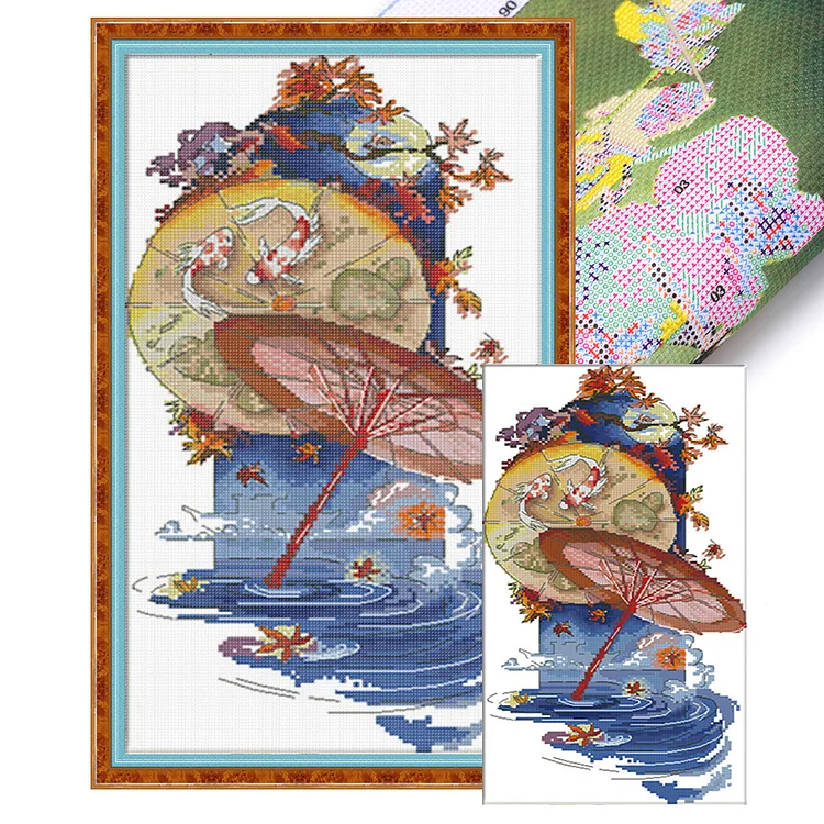Xiaobai Brand- Chinese Style Four Seasons Umbrella-Autumn- 14CT - 2 Strands Threads Printed cross stitch - 27*44cm(Canvas)(59 Colors)