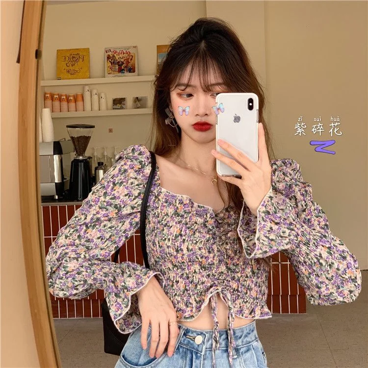 Flared-Cuff Floral Print Cropped Blouse YP1756