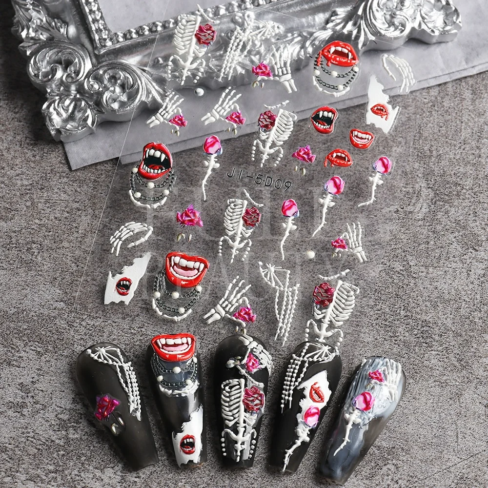 Churchf Nail Stickers Flowers Geometric Lines Decor Acrylic Embossed Sliders Gold Frame Nail Decals Cherry Blossom Manicure GLJI-5D05-Nail Inspo