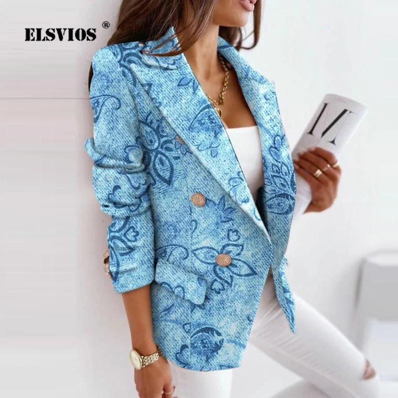 Women Streetwear Fashion Turn-down Collar Buttons Cardigan Suit Jacket Casual Long Sleeve Printed Loose Elegant Slim Office Coat
