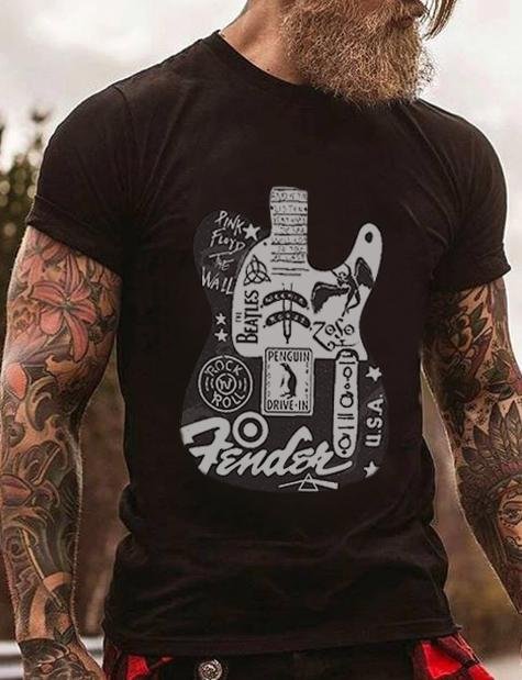 Retro Guitar Print Black T-Shirts
