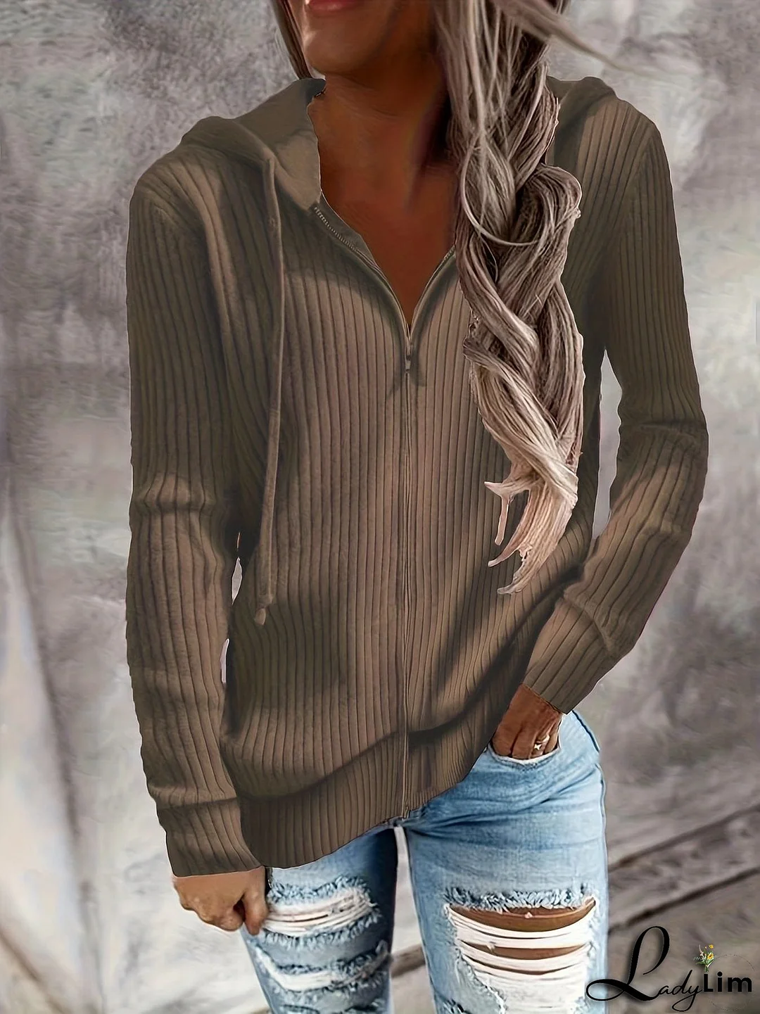 Plus Size Casual Coat, Women's Plus Solid Ribbed Zip Up Long Sleeve Drawstring Hoodie Sweater