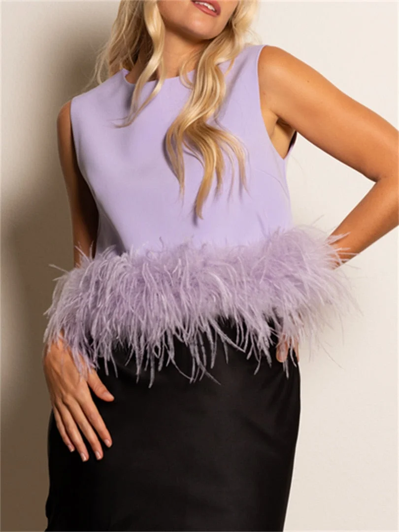 wsevypo Vintage Feather Hemline Women Tank Tops Elegant Summer Sleeveless Round Neck Crop Tops Solid Color Vest Purple/Rose Red