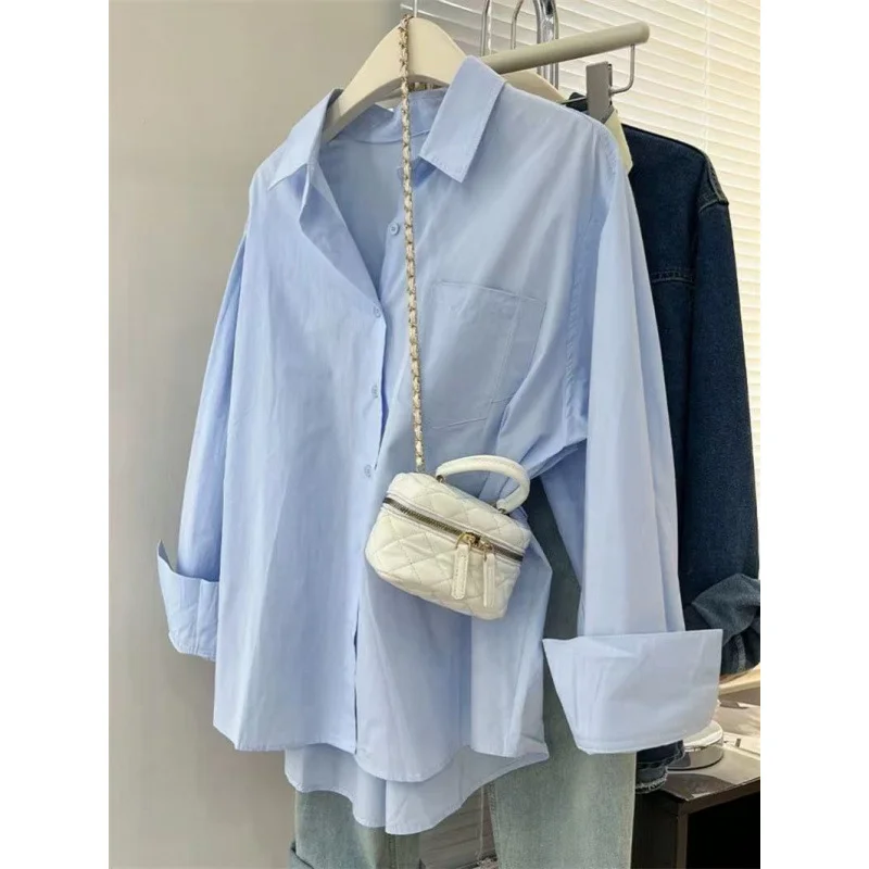 Uveng Uveng Blue Shirt Coat Women Spring And Autumn Loose Design Small Casual Folding Long-Sleeved Top