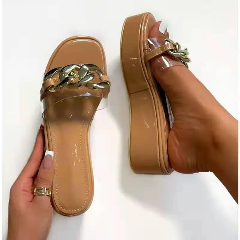 Designer Women's Chain Slippers Fashion Slieds Casual Open Toe Ladies Platform Wedges Beach Female Sandalias Ytmtloy Indoor
