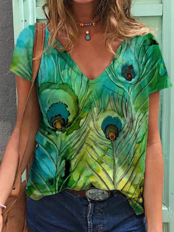 Peacock Feather Watercolor V Neck T Shirt