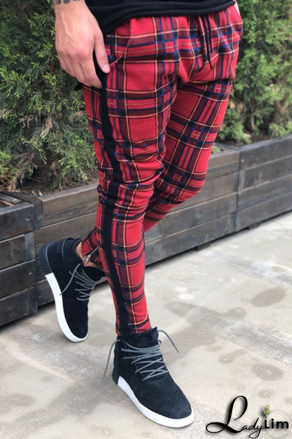 Red Fashion Casual Plaid Split Joint Mid Waist Pencil Bottoms