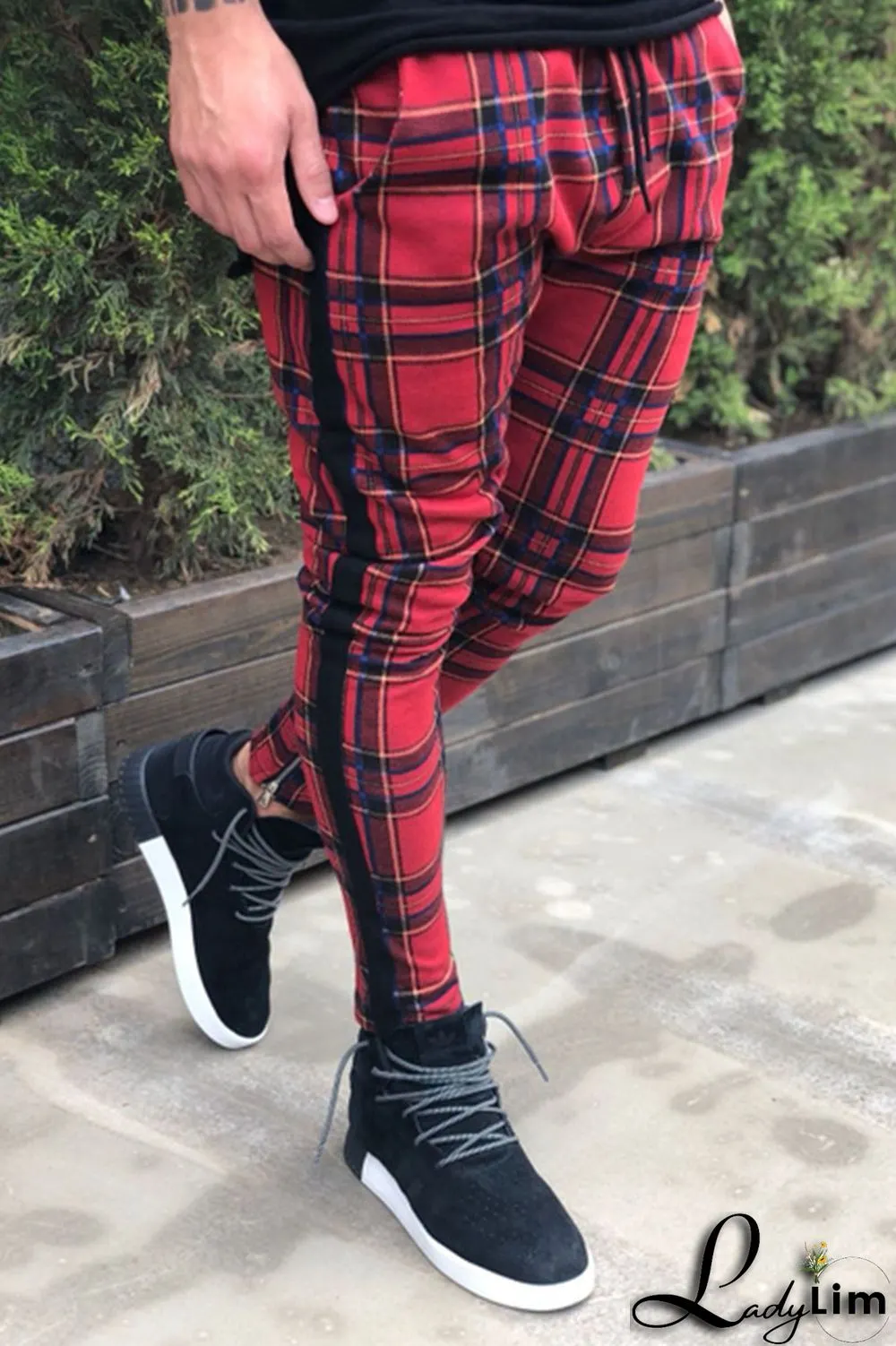 Red Fashion Casual Plaid Split Joint Mid Waist Pencil Bottoms