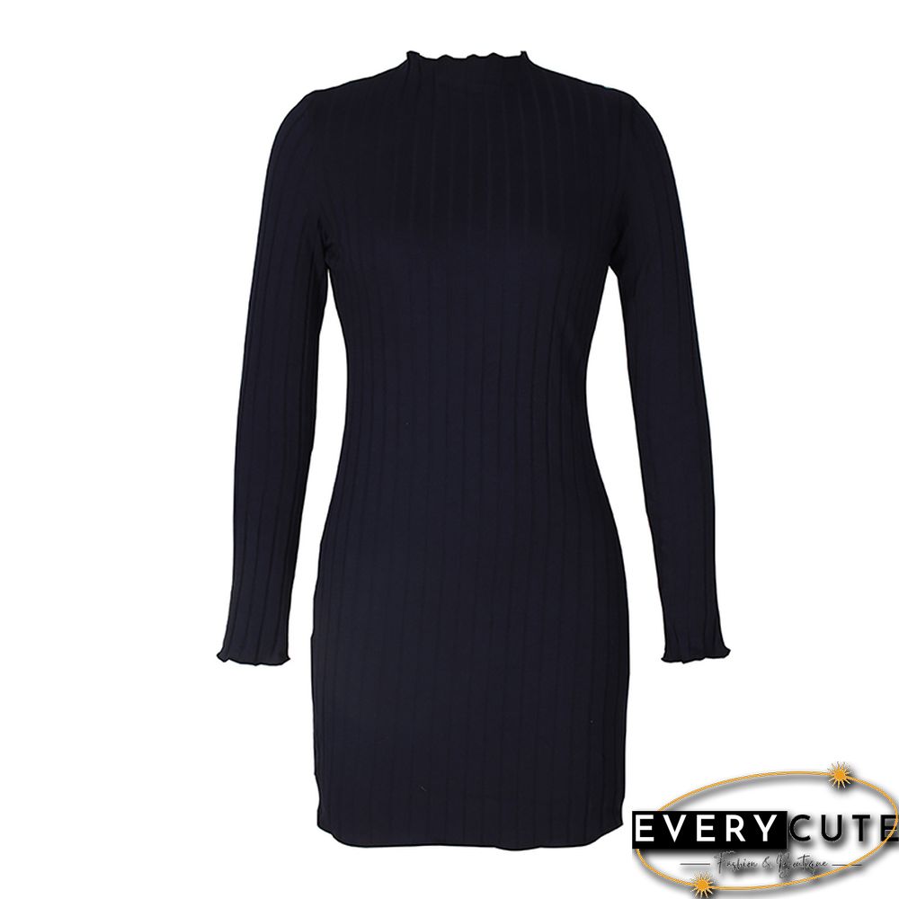 Navy Blue Long Sleeve Slim Fit Knit Mini Dress