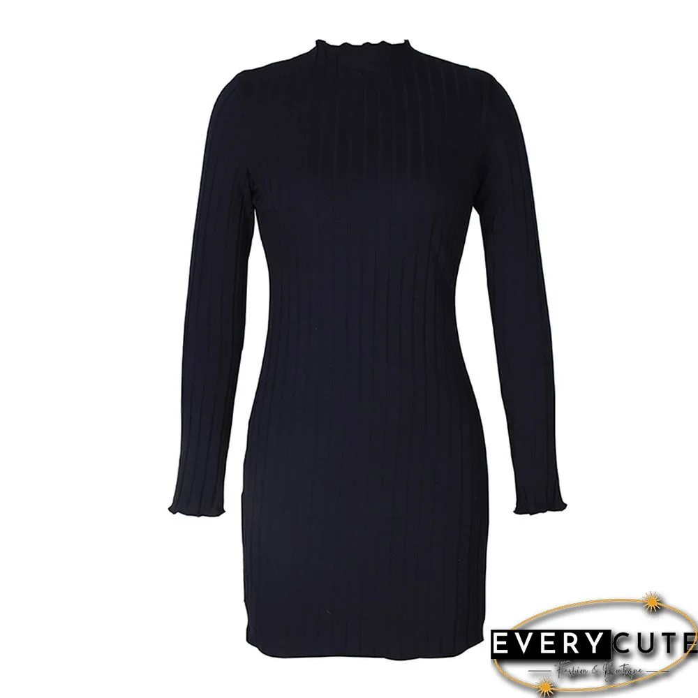 Navy Blue Long Sleeve Slim Fit Knit Mini Dress