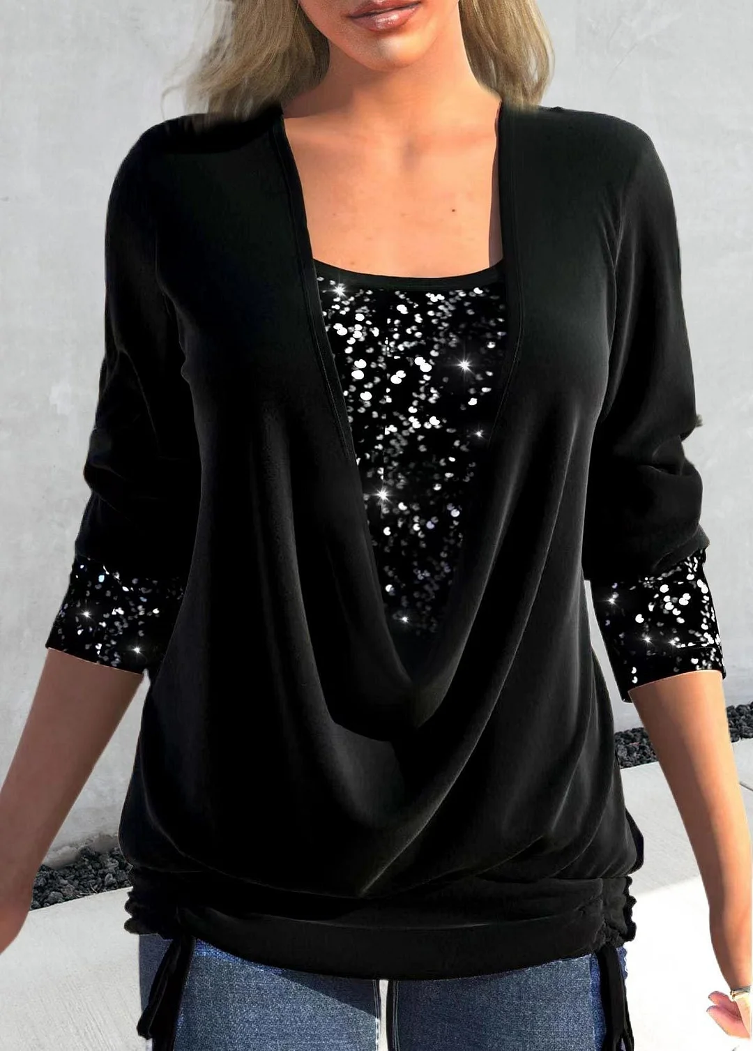 Uveng Sequin Contrast Solid Color Long-sleeved Large Drop Collar Blouses