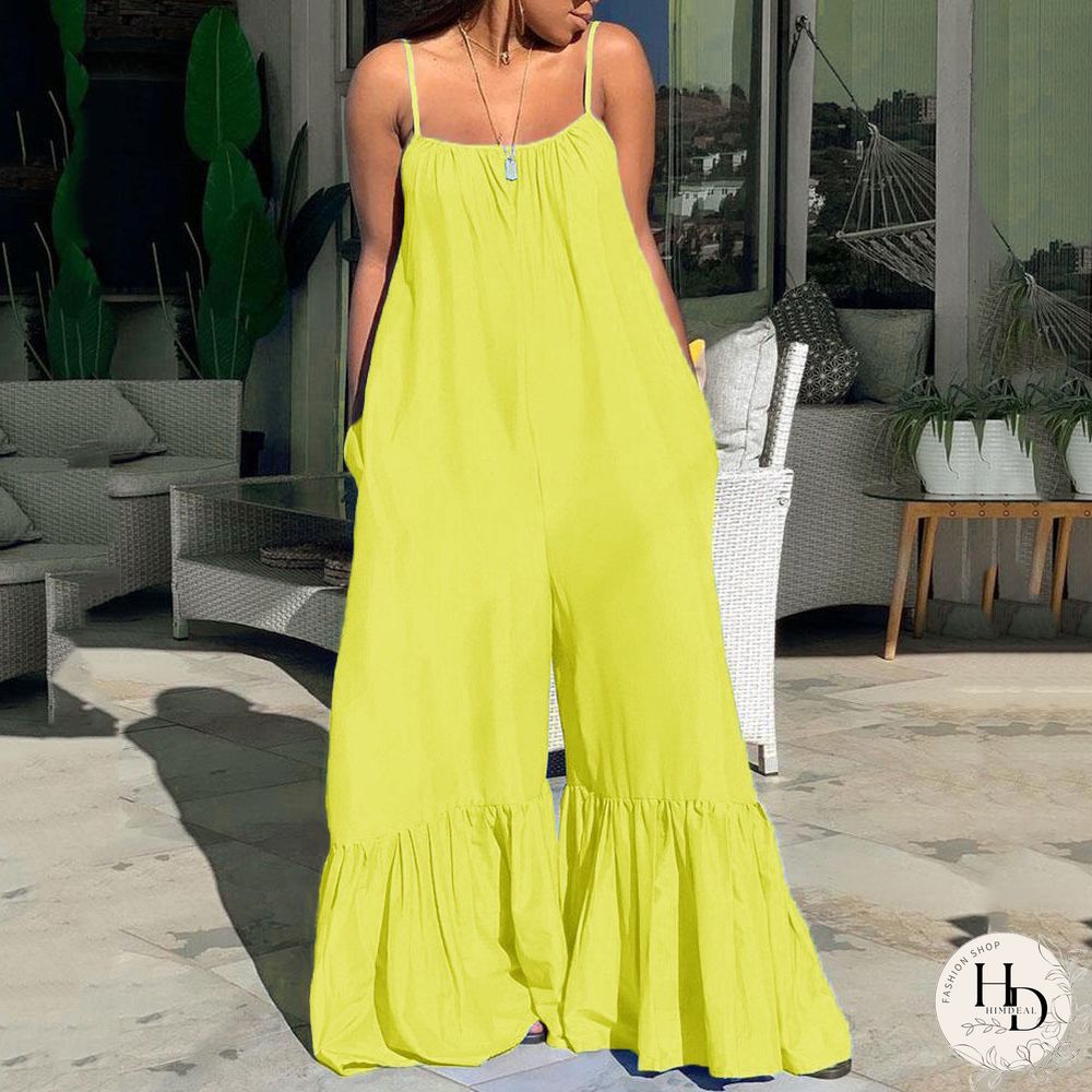 New Loose Jumpsuits & Rompers Women Spaghetti Strap Flare Pants Fashion High Street Wear Clothes Long Rompers & Overalls