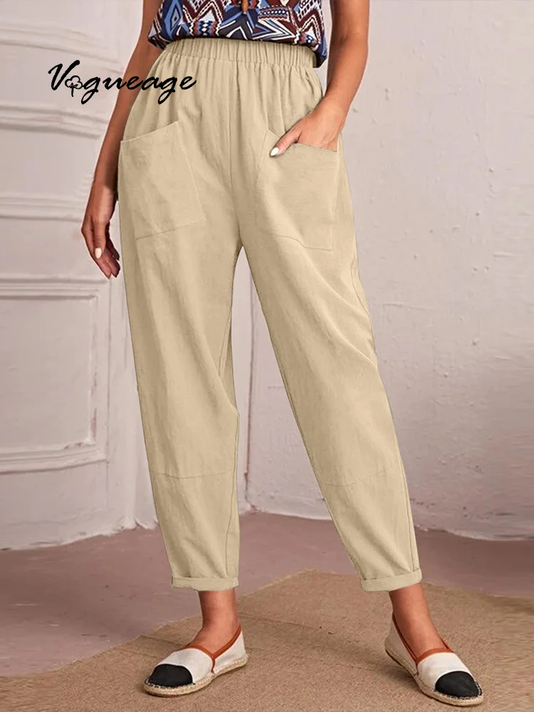 Solid Color Elastic Waist Slant Pocket Nine-Point Cotton And Linen Women's Pants