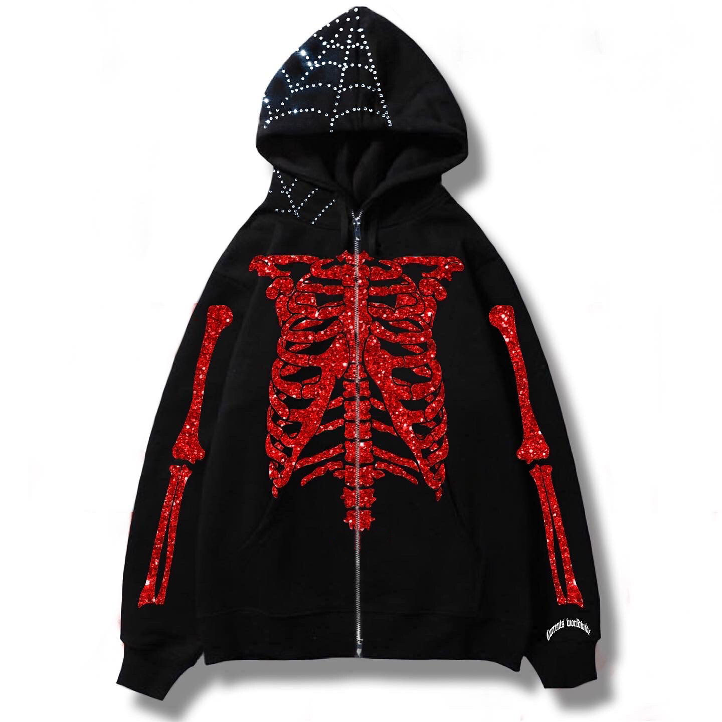 Y2K Rhinestone Skeleton Print Men's Zip Up Oversized Hooded Sweatshirt ...
