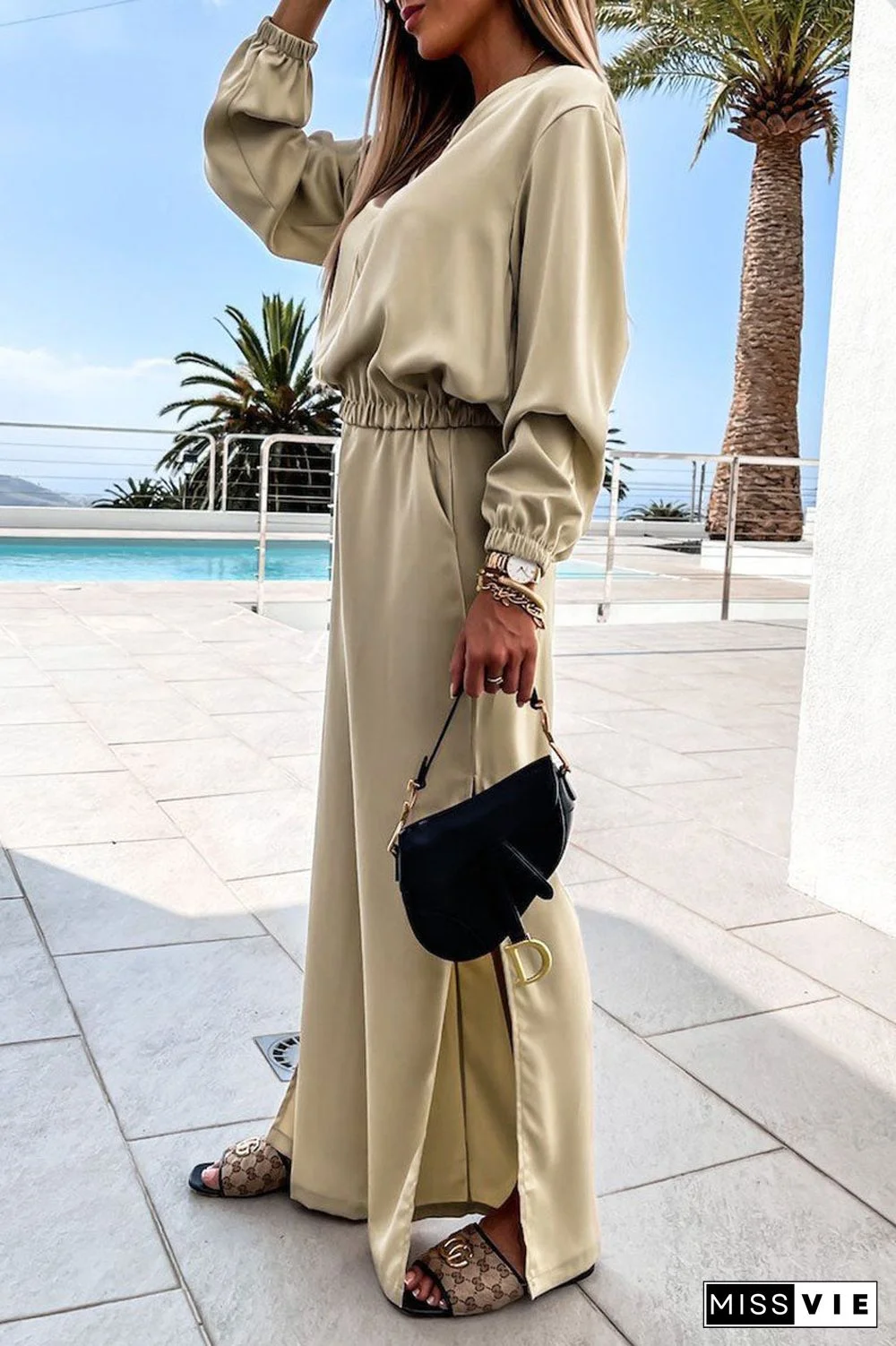 Fashion Sportswear Solid Split Joint V Neck Long Sleeve Two Pieces