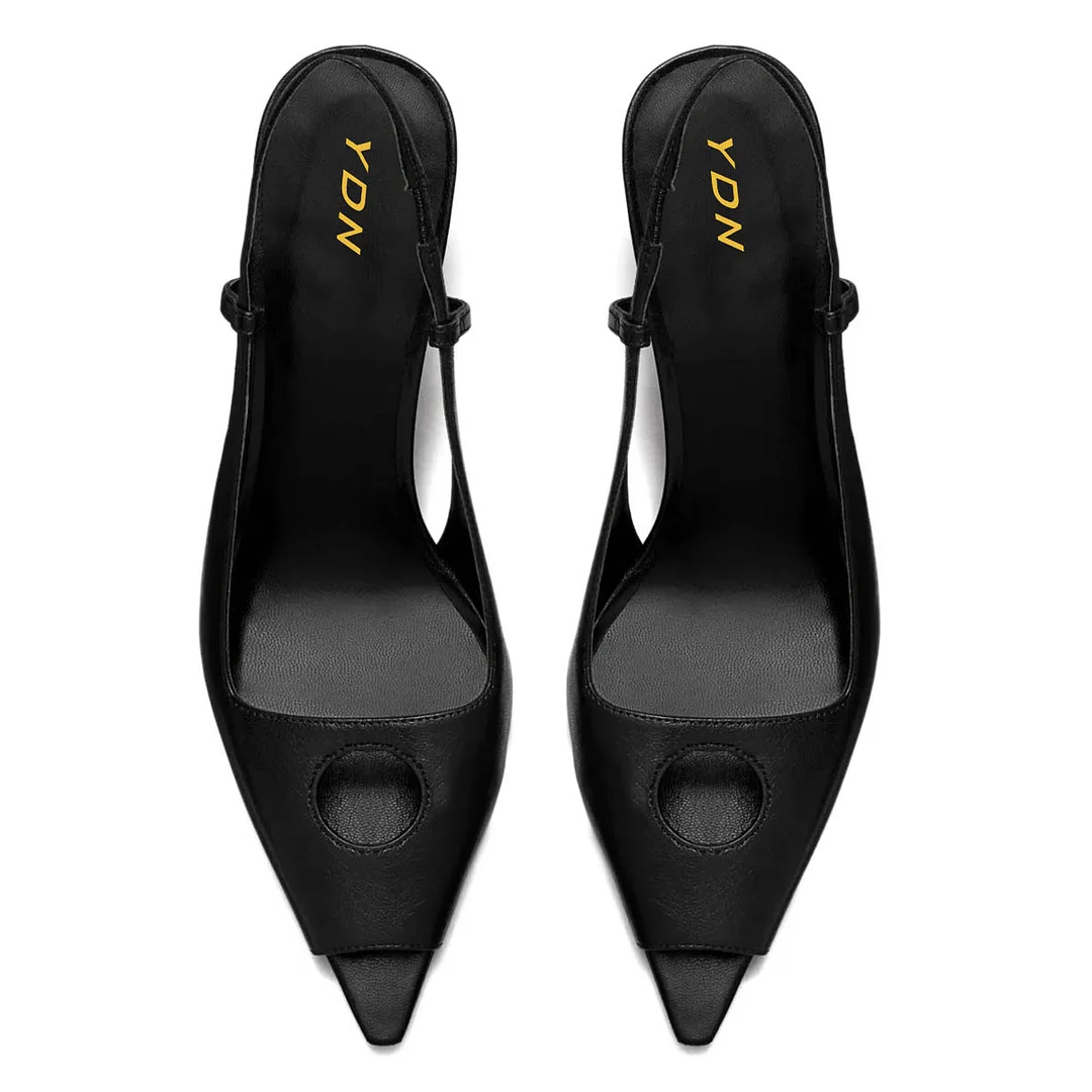 YDN Simple Vegan Leather Peep Toe Slingback Black Heels Sandals