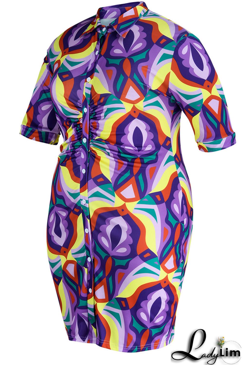 Coffee Casual Print Patchwork Buckle Turndown Collar Shirt Dress Plus Size Dresses