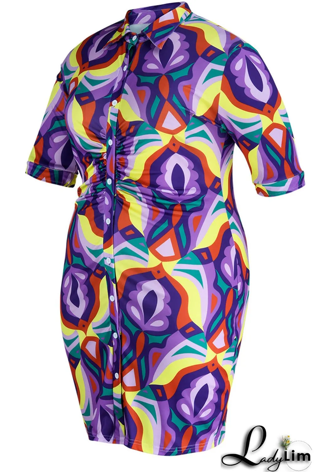 Coffee Casual Print Patchwork Buckle Turndown Collar Shirt Dress Plus Size Dresses