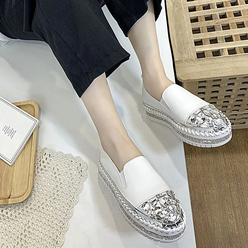 2022 New Silver Crystal Flat Shoes Woman Comfortable PU Leather White Casual Shoes Women Platform Slip On Loafers Bling