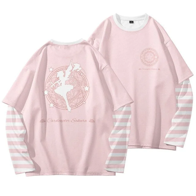 Anime Otaku Pink Card Captor Sakura Striped Long Sleeve Shirts SP16893