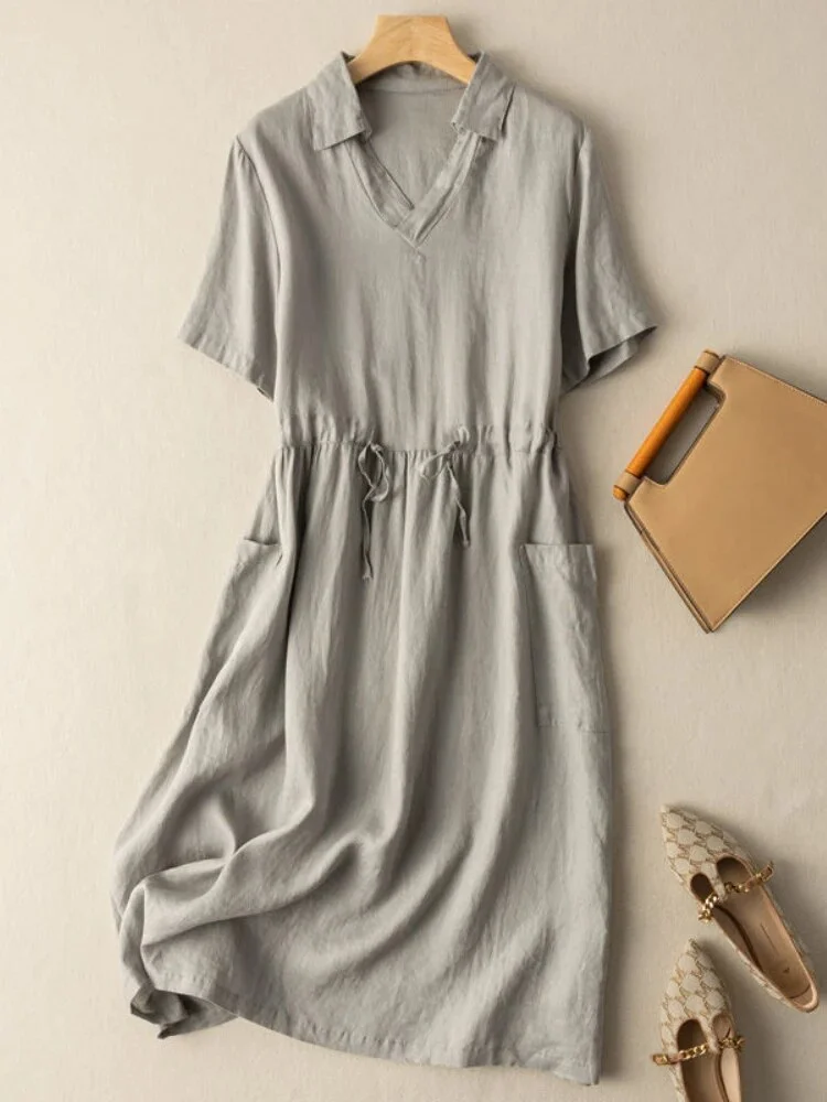 Pongl Summer Short Sleeve Dresses Loose V-Neck Knee-Length Fashion Sexy Dress Solid Color Leisure Cotton Linen Vintage Dress