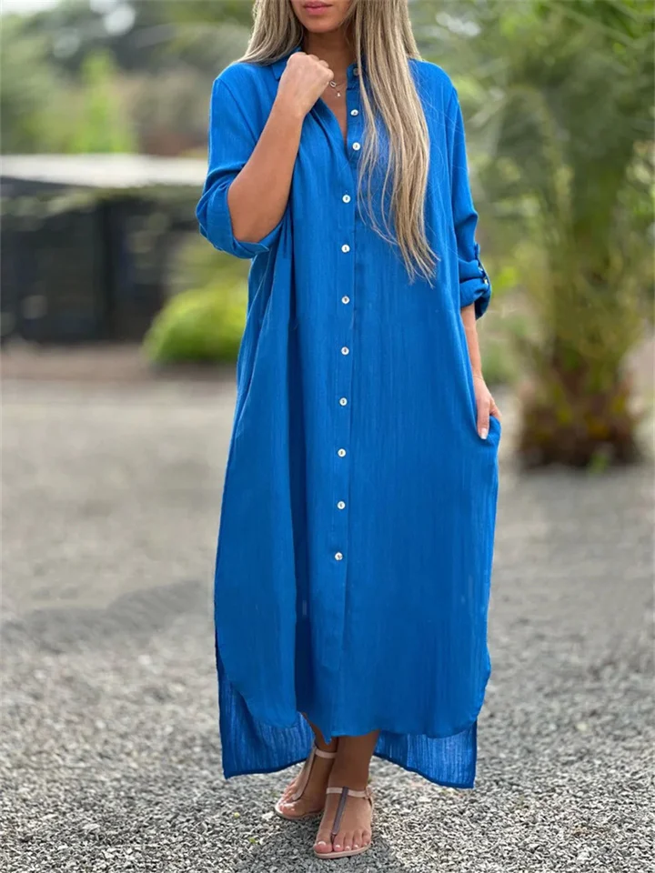 Women's Dresses Cotton Linen Shirt Dresses Long Skirt Fashion Casual Long-sleeved Cardigan Dress-JRSEE