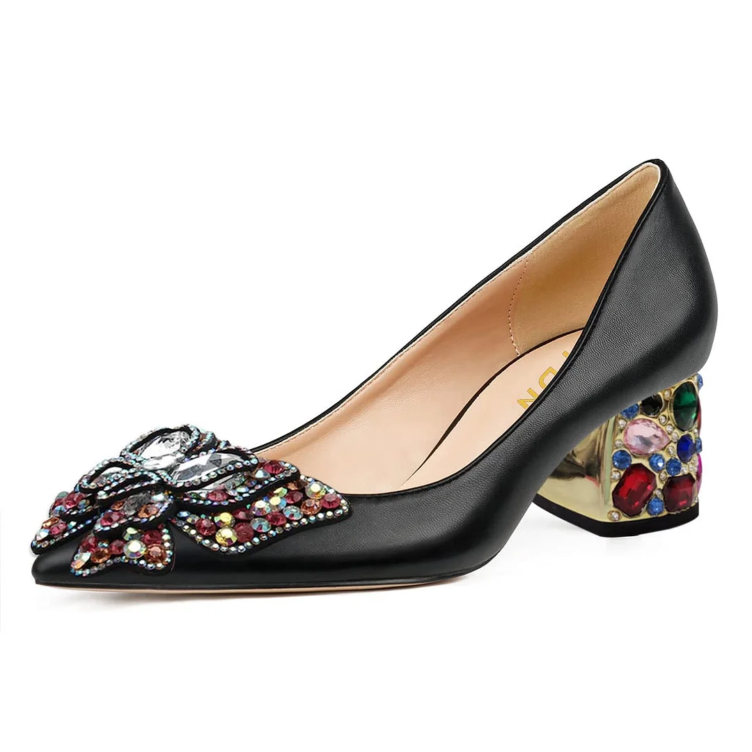 Vegan Leather Pointed Toe Rhinestone Butterfly Decorative Heel Pumps