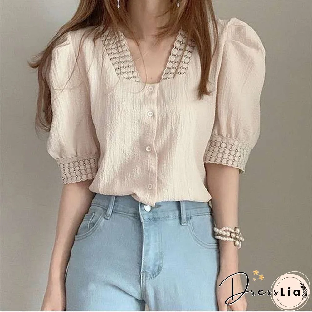 Summer New V-neck Single-row Button-down Pleated Top Ins Super-hot Retro Bubble Sleeves Lace Lace Shirt Girl Retro 13659