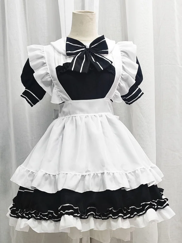 Cosplay Tiered Bubble Sleeve Peter Pan Collar Ruffled Bowknot Mini Maid Dress