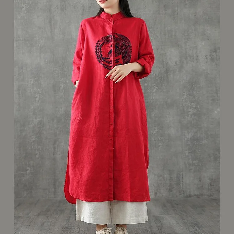 Modern stand collar patchwork linen Robes Shape red embroidery Dresses